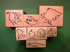 World Continents Set, 7 Continents, 7-pc set, Wood Mounted Rubber Teacher Stamps