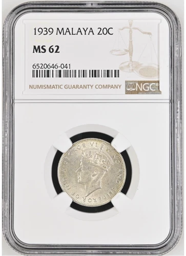 MALAYA 20 Cents 1939, NGC MS 62 Lustrous UNC, Silver KGVI, First Date.  S2