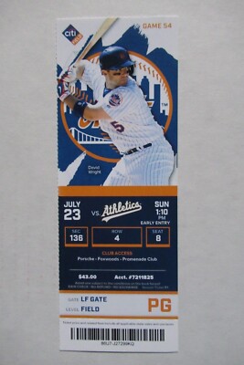 NEW YORK METS VS OAKLAND ATHLETICS 7/23/2017 FULL TICKET ~ DAVID WRIGHT