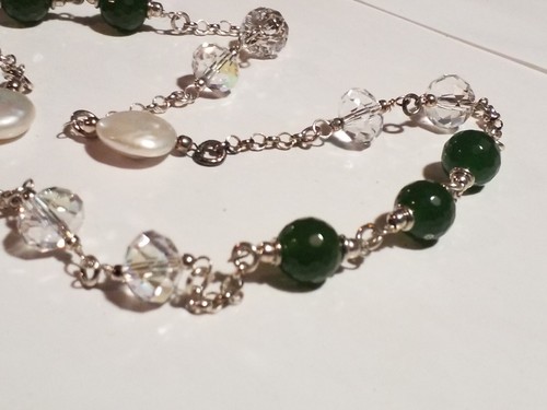 Silver Toned Chain Necklace Real Stone Beads Freshwater Pearls Crystals Jade 18" - Picture 7 of 12