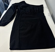 Prettylittlething Black Woven One Shoulder Puff Sleeve Bodycon Dress UK 12