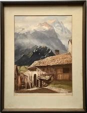 Mid Century Joanny Drevet Swiss Alps Switzerland Mountain Landscape Print Signed