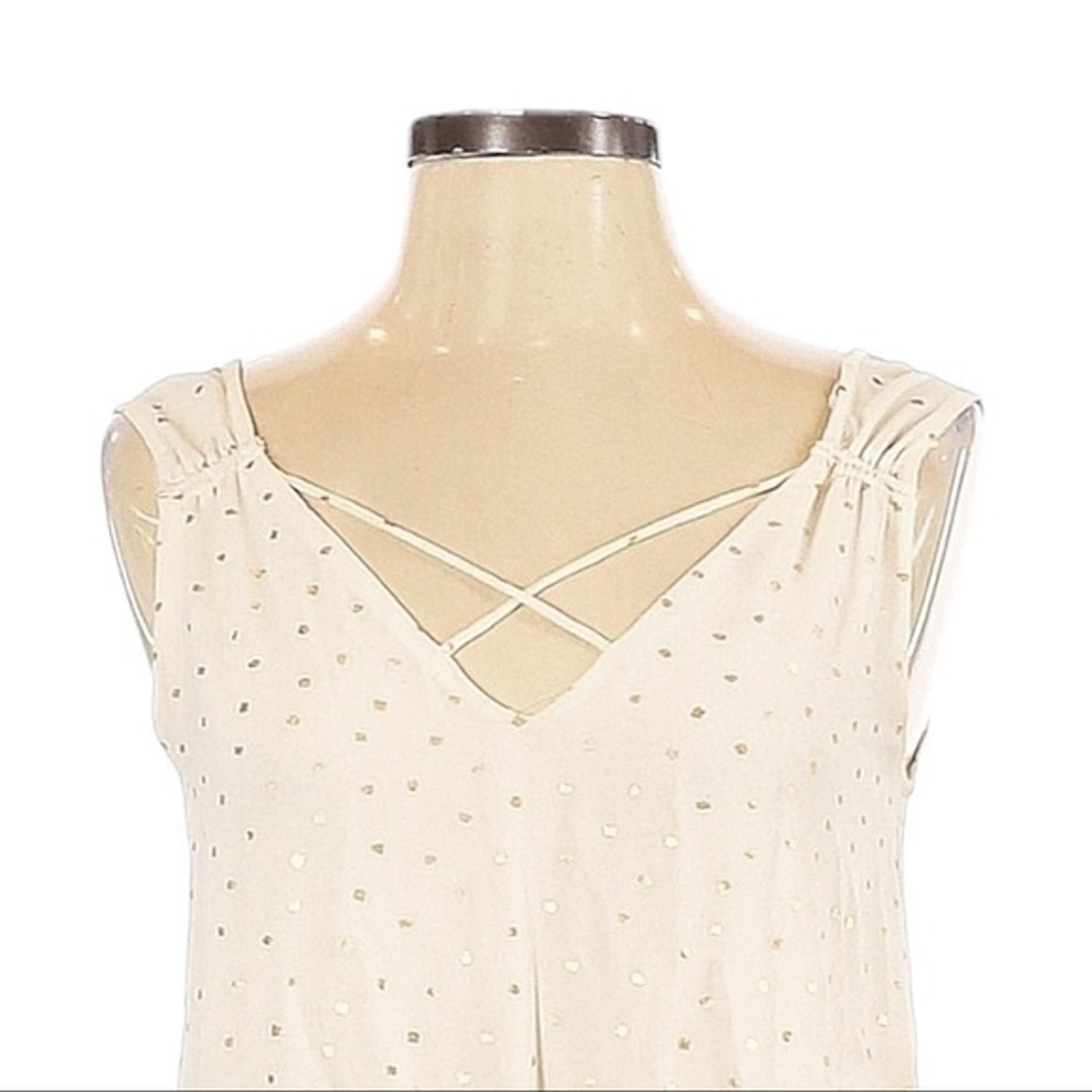 Zara Lurex Gold Polka Dot Ivory V-Neck Sleeveless Ruched Blouse Size XS thumbnail 3