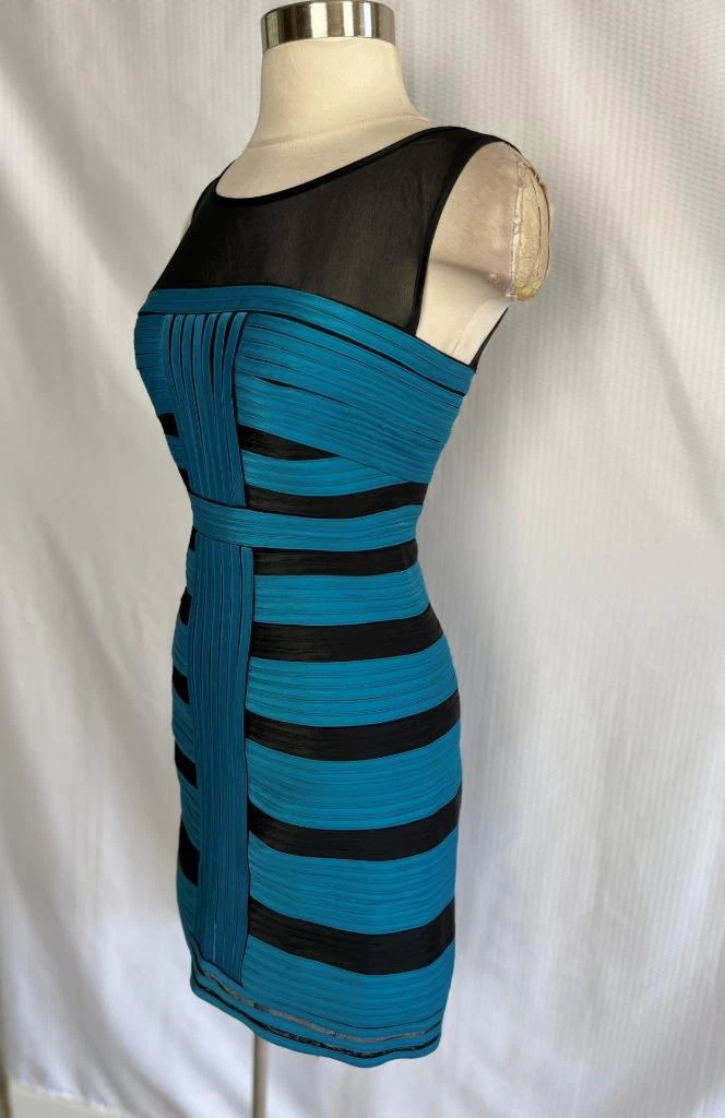 AKIRA Black Label Size S Blue Satin w Black Mesh Neckline Bodycon