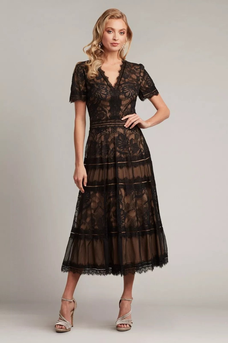 Tadashi Shoji Black Nude Lace & Mesh Midi Cocktail Dress Tadashi Shoji Black Nude Lace & Mesh Midi Cocktail Dress