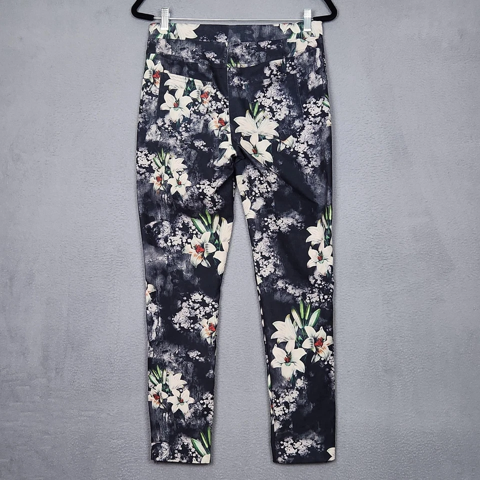Pantalones para mujer JOSEPH RIBKOFF 8 negros blancos estampado floral ajustados elásticos dobladillo con cremallera Foto 2 de 4