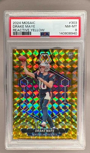 140808940 Drake Maye 2024 Panini Mosaic #303 Reactive Yellow Prizm RC PSA 8