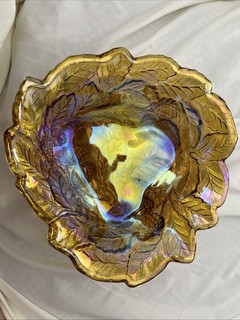 Indiana Carnival Glass Loganberry Leaf Amber Marigold Candy Dish Bowl Vintage