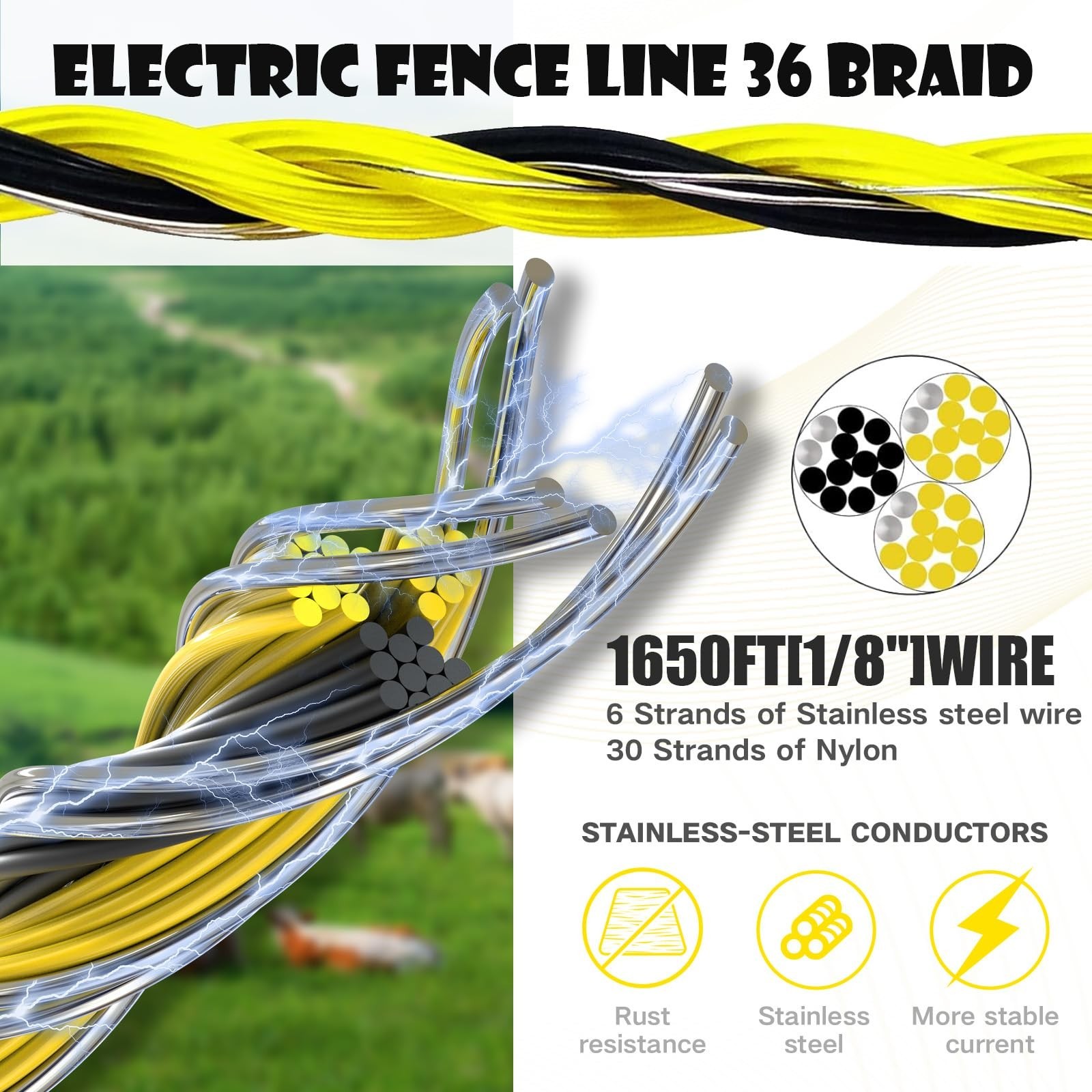 BESTEEL Upgraded Electric Fence Poly Wire 1650 Feet 500 Meters, 1/8" Diameter...