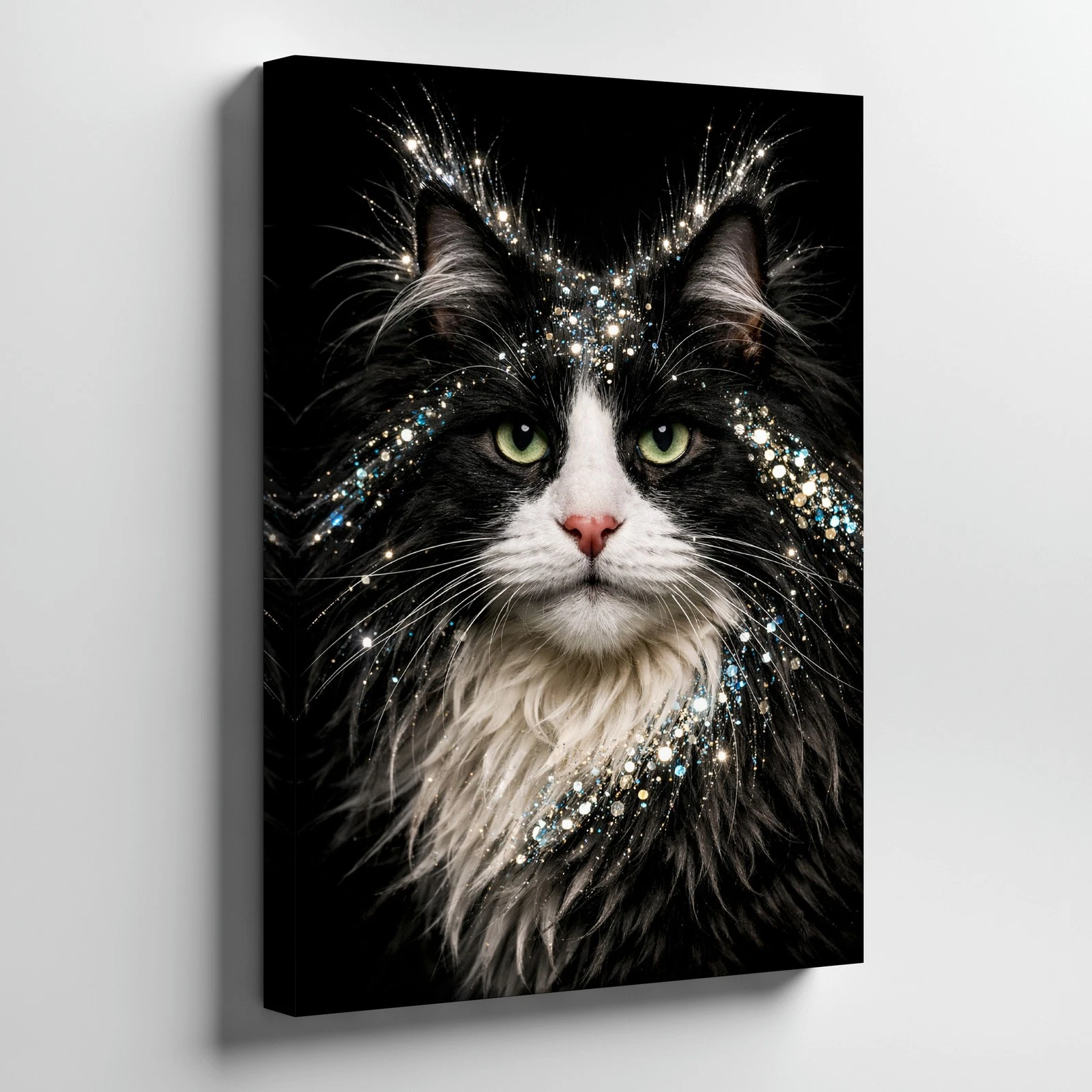 Black And White Long Hair Cat Portrait Canvas Wall Art With Glitter Effect Home