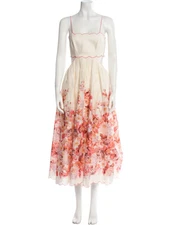 Zimmermann Linen Pink & Cream Floral Scallop Dress Size XS / 0P / Size 2