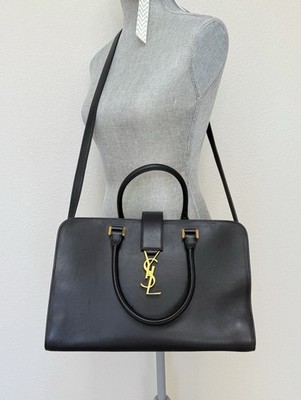 100% Auth! Saint Laurent Monogram Cabas Classic Black Leather 2way Shoulder Bag