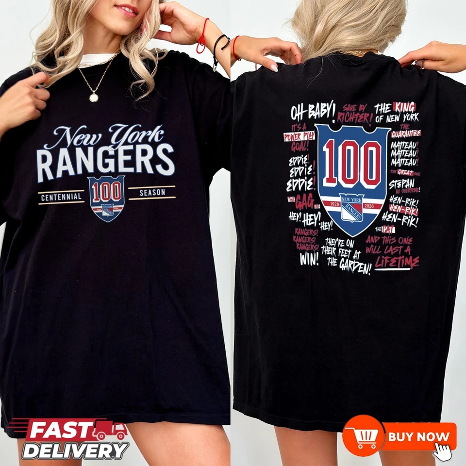 New York Rangers 100th Anniversary 1926-2026 NHL TShirt - Full Color, Full Size - Image 3 of 4