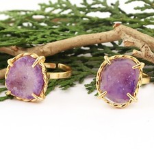 Geode Crystal Druzy Yellow Gold Plated Prong Set For Women Wear Adjustable Ring
