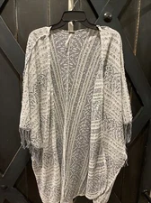 Free People Oversized Shawl Cardigan white silver Boho fringe tassel - M/L EUC