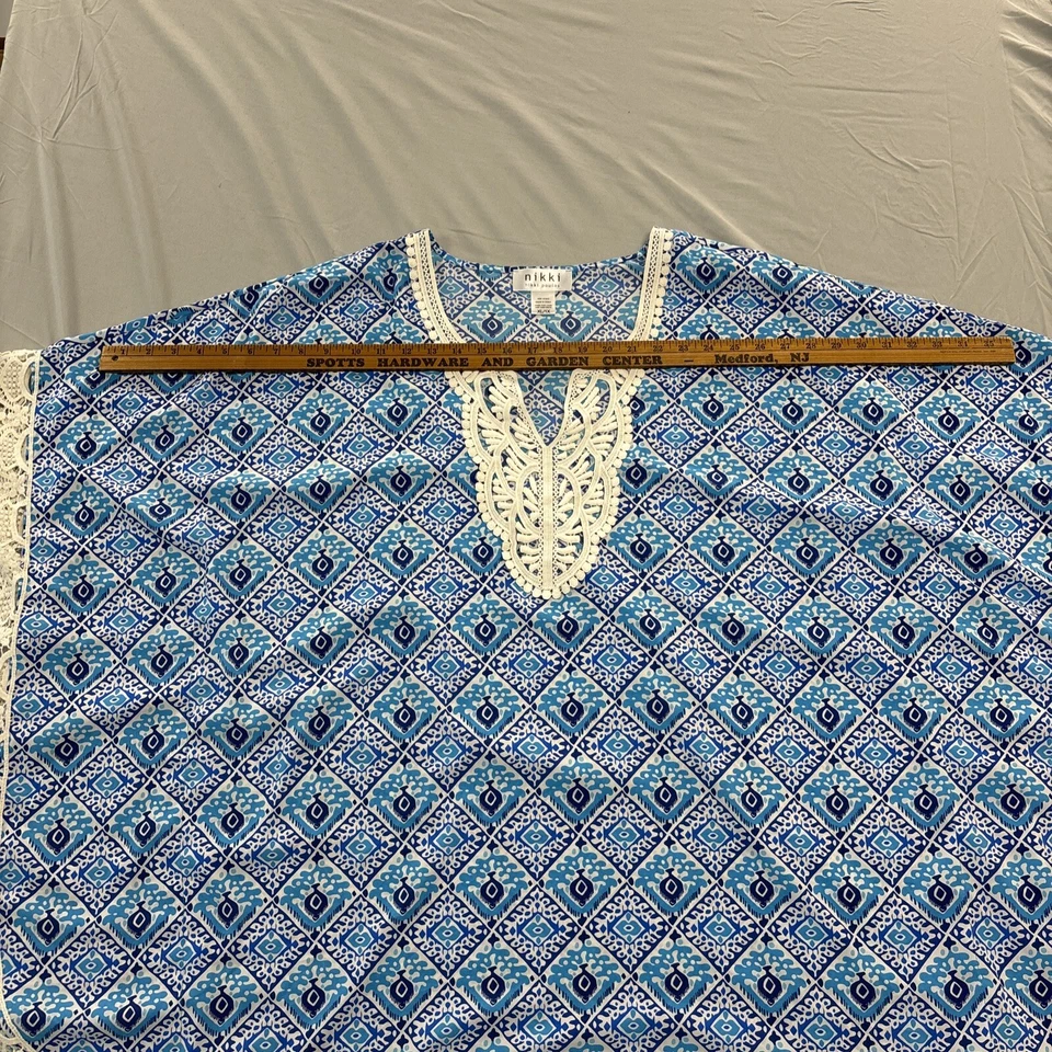 Nikki Poulos Playa Cubrir Medio Caftán Estilo Retro Azul y Blanco Encaje Talla XL/1X Foto 4 de 4