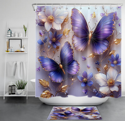 White and Gold Flower Purple Butterfly Shower Curtain Bathroom Accessories  Set