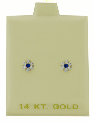 LAB CREATED BLUE & WHITE SAPPHIRES FLOWER STUD EARRINGS 14K GOLD Screw Backs NWT