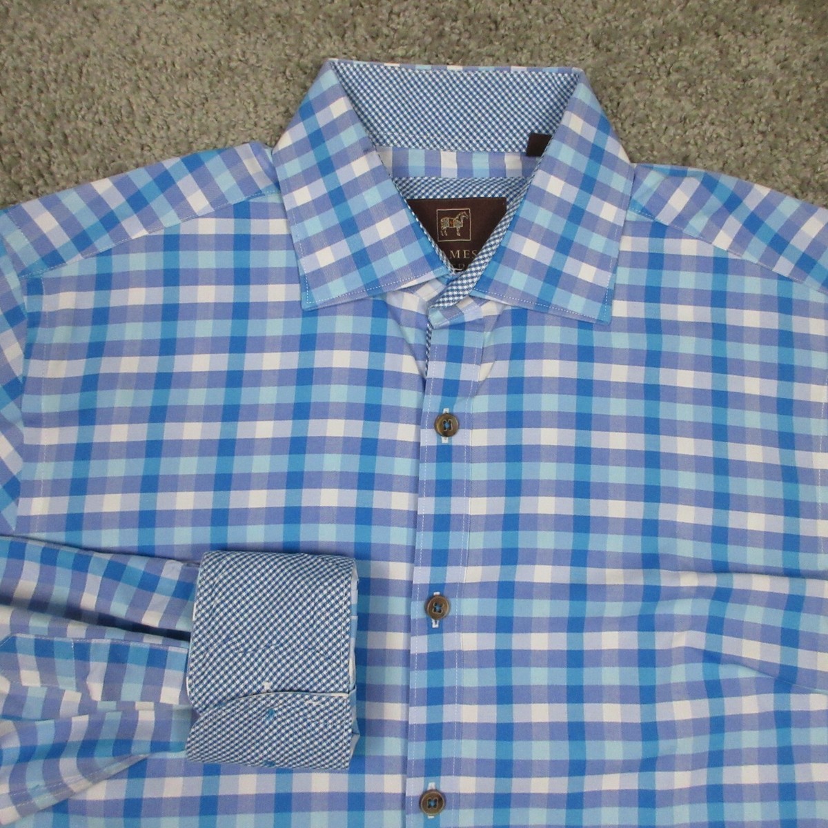 james tattersall dress shirts James Tattersall Dress Shirt Men X Large Red Check Flip Cuff Hidden Button Down
