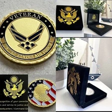 NEW USAF U.S. Air Force Veteran with eagle and flag Challenge Coin With Case