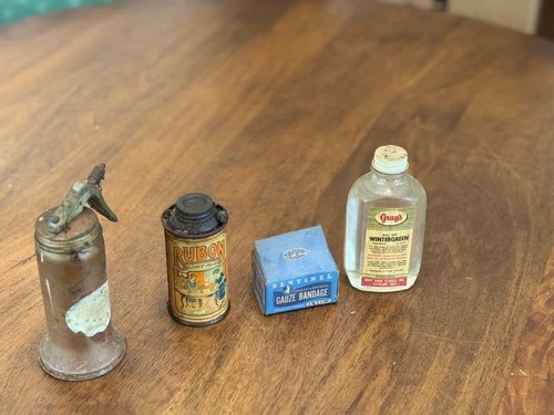 Vintage Lot: Oil of Wintergreen, Rubon Cleaner, Sentinel Gauze, Oil Can C00