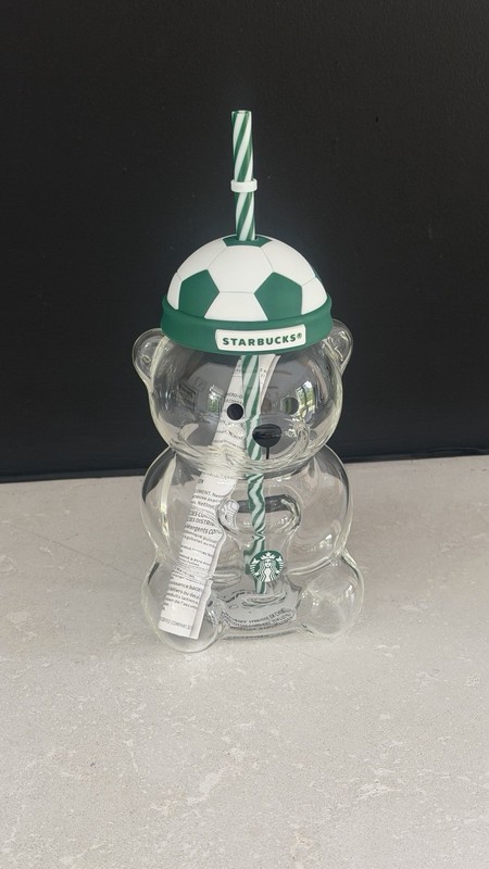 Starbucks Bearista Glass Cold Cup Soccer Edition 20oz w Lid & Straw World Cup