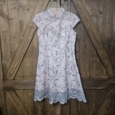 Women  s Pink Embroidered Mesh Qipao Style Dress L Mandarine Collar Floral