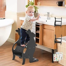 Adjustable Wooden Learning Tower 2 Step Stool w/Safety Handrails for Toddlers