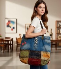 Boho Denim Tote Bag, Recycled Jeans Patchwork Large with Pockets 