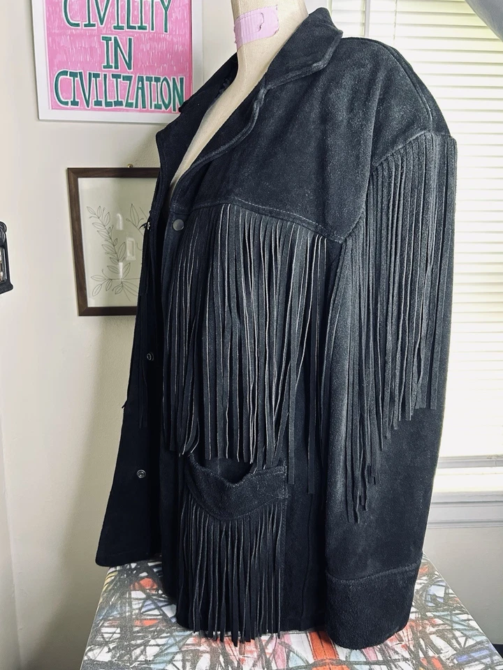 Chaqueta vintage de cuero Georgetown con flecos negros talla mediana