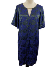 Bill Cost Dress M Green Blue Floral Sheen Short Sleeve Metal Chain Detail