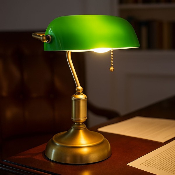 Tischleuchte Schreibtischlampe Bankerleuchte Altmessing Glas GrüN Led H 36 Cm-image