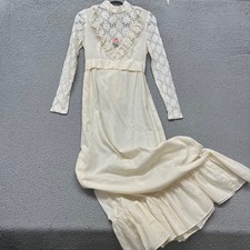 Vtg Jc Penny Prairie Dress Cream Lace Floral Bridal Sheer Sleeve Victorian