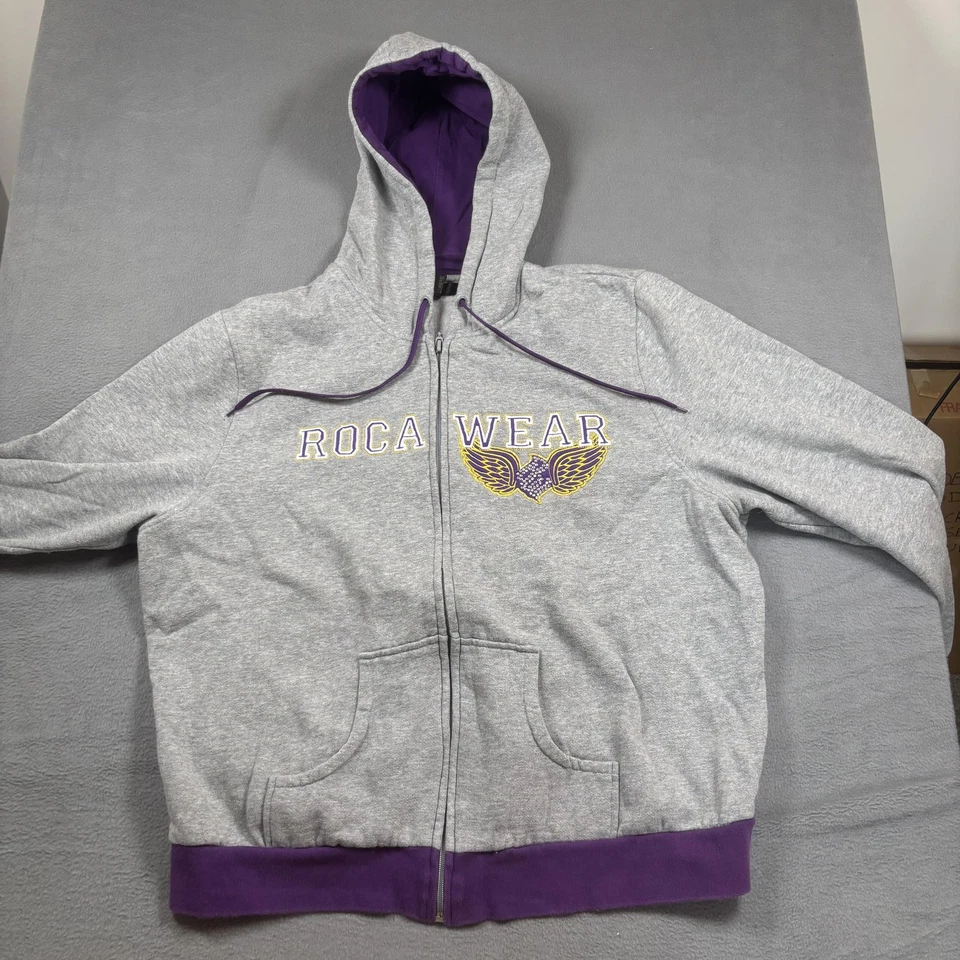 Y2K Rocawear Hoodie Womens 1X Gray Purple Full Zip Embroidered Wing Logo Graphic - Image 2 of 4