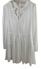 Lumie white lace dress round open neck with tie sheer long sleeve size M