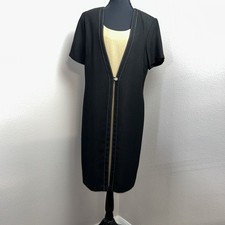Vintage 80’s Scarlett Sheath Dress Women's 14 Black & Tan Faux 2 Piece Button