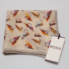 Roda NWT 100 Wool Pocket Square In Beige with Multicolor Fishing Lures Print