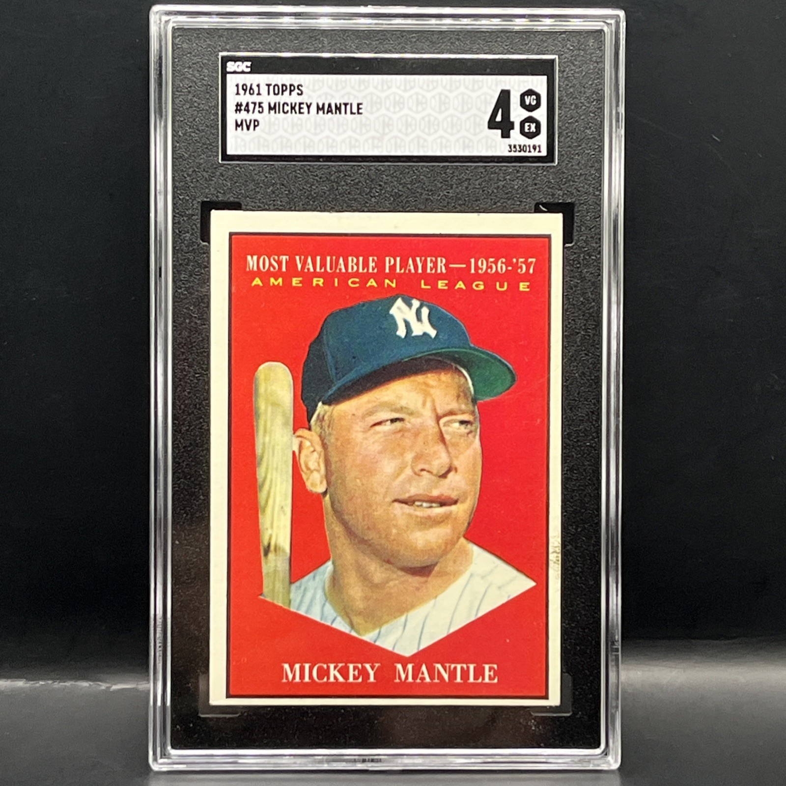 1961 TOPPS #475 MICKEY MANTLE NEW YORK YANKEES MVP BASEBALL CARD SGC 4 VG/EX