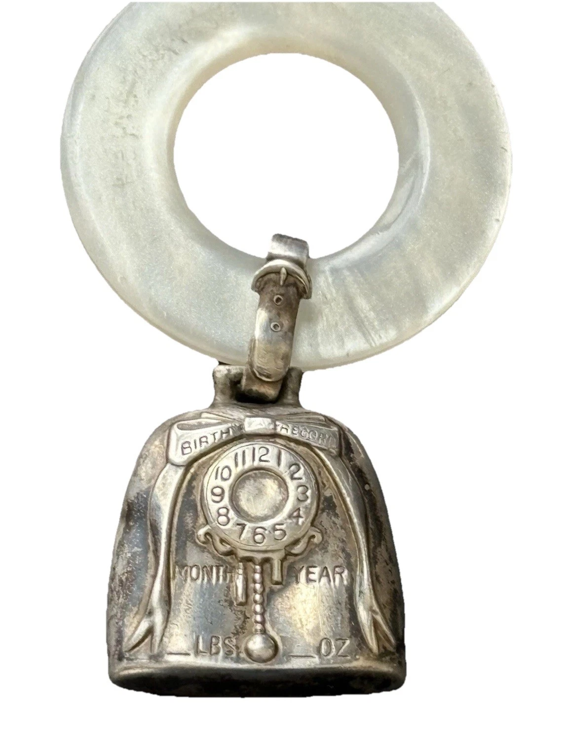 Vintage Sterling Silver Baby Rattle Teething Ring birth Record Sign Web 13g READ