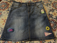 Girls Cat  Jack Denim Skirt with Cool Emblems Size XL 14/16 Adjustable Waist