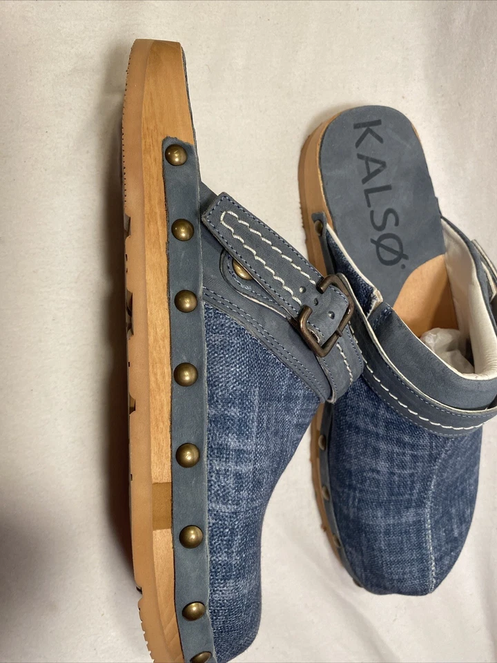 NEW KALSO Women sz 9 Shanti BLUE FABRIC DENIM Mules Clogs Negative Heel - Image 4 of 4