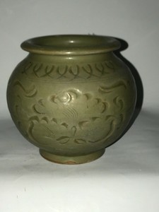 5" Old Chinese Song Dynasty Jar with Celadon Glaze Incised with Floral Design