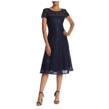 NWT SL FASHIONS Sequined Lace Midi Dress Navy MSRP: $150