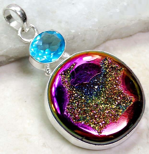 24CT Natural Titanium Druzy & Topaz 925 Solid Sterling Silver Pendant @B19-6