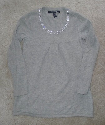 Quotation Cashmere Sweater Light Gray Medium Sequin Trim Box Pleat In Back