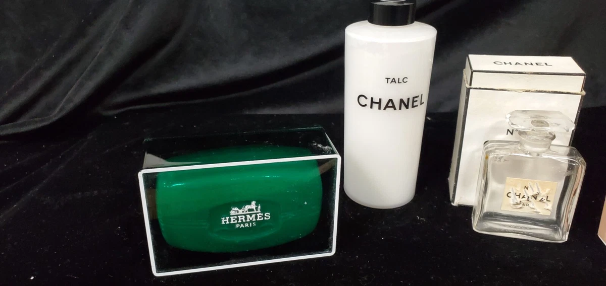 VINTAGE PERFUME LOT: Chanel No 5 w/box, Hermes soap, Chanel Talc, Chloe  Nomade