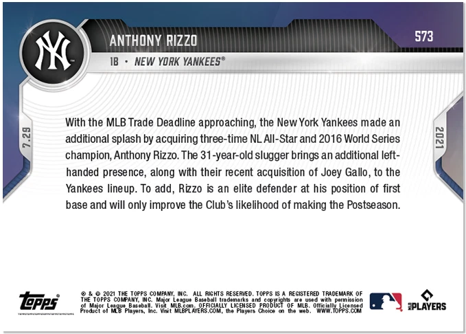 ANTHONY RIZZO ACQUIRED BY N.Y. YANKEES FROM CUBS IN A TRADE TOPPS NOW CARD #573 - Image 2 of 2