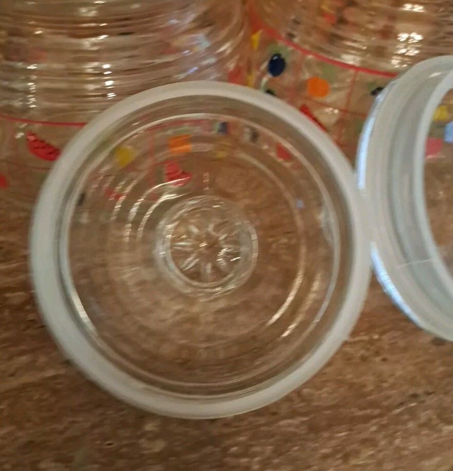 Vintage Clear Glass Cannisters (2) Flowers and Fruit Indonesia 5" High 