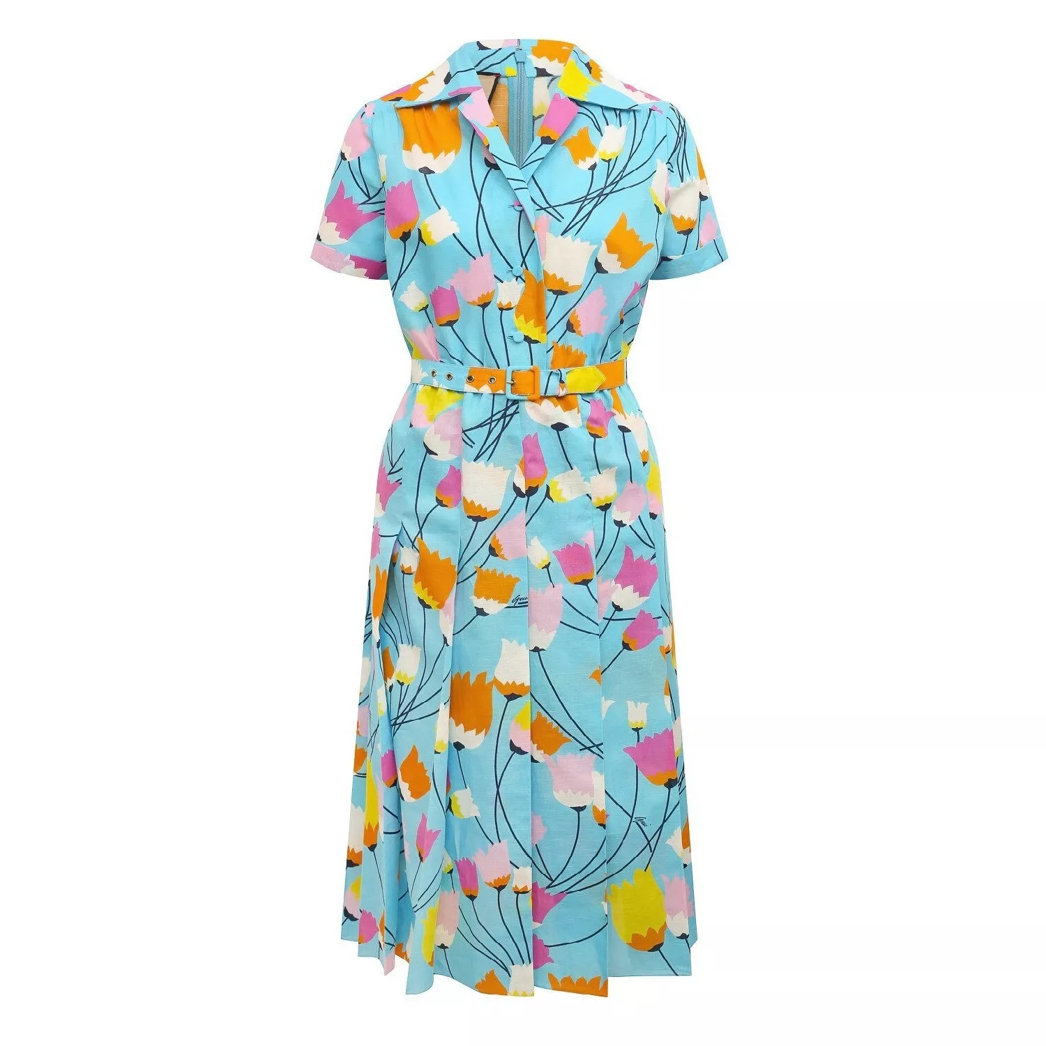 GUCCI ‎657935ZAGVN Robe midi plissée imprimé tulipe coton lin ceinture bleu it38 XS
