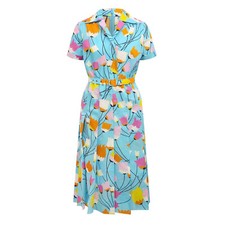 GUCCI ‎657935ZAGVN Tulip Print Pleated Midi Dress Cotton Linen Belt Blue it38 XS